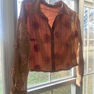 🌸 Sheer Crochet Floral Appliqué Button-Up Cardigan – Blush/Taupe